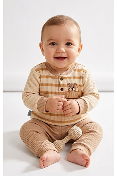 LITTLE&CO Erkek Bebek Fitilli Ribana 2'li Takım Çizgili Ayıcık Nakışlı Uzun K...