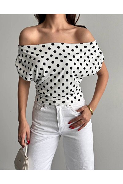 ALLEYTA Women's Off-Shoulder Polka Dot Gathered Blouse