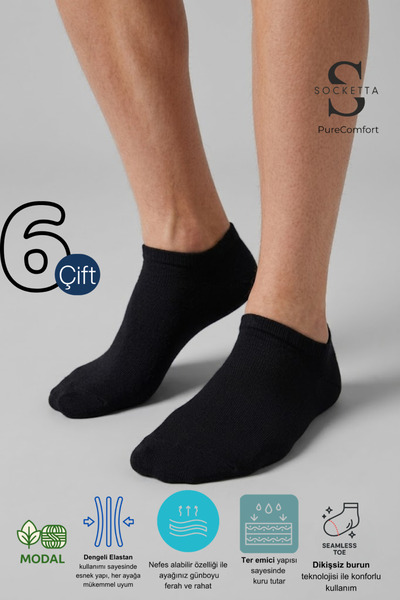 Socketta 6 Pack Black Men's Modal Seamless Stretchy Bootie Socks - Premium