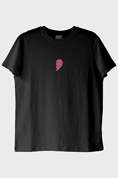 lofux Black T-Shirt with Pink Half Heart Pattern - Valentine's Day Gift