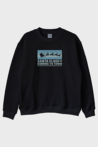 lofux Santa Claus Siyah Bisiklet Yaka Sweatshirt