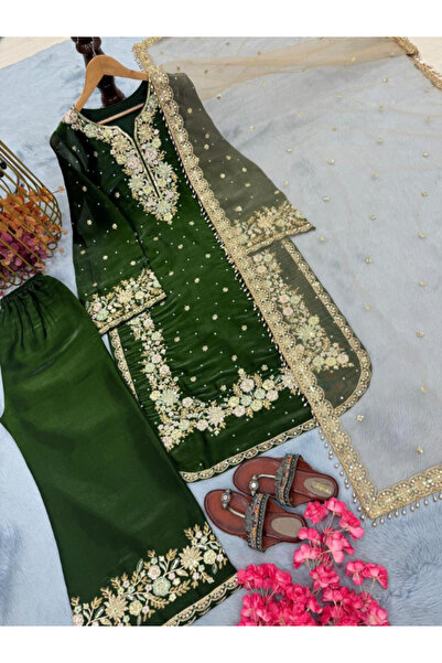 MYSMAR Green Top Plazzo Dupatta - HRT4580 | Green-Size:2XL-44-Inches