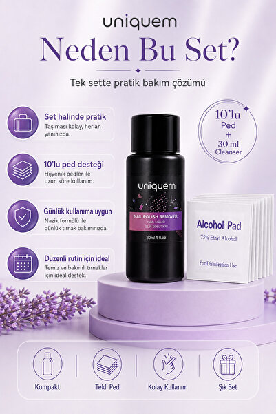 Uniquem Yapışkan Tabaka Temizleyici Kalıcı Oje Protez Tırnak Jel Kat Temizleme Cleanser Alcohol Pedli 30 ML