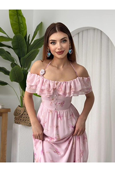 Moda Days فستان نسائي وردي متوسط الطول من الشيفون بنقشة الزهور مع كشكشة على ا...