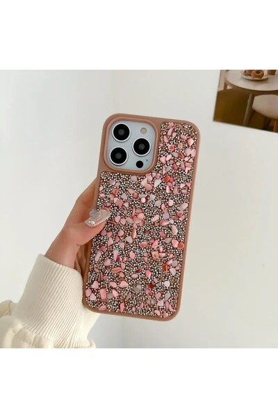 Zebana Apple - iPhone 15 Pro Max Taşlı Pırlanta Silikon Kılıf - Rose Gold