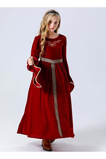 Generic Girls Medieval Princess Dress - Red Velvet Long Sleeve Gown with Gold...