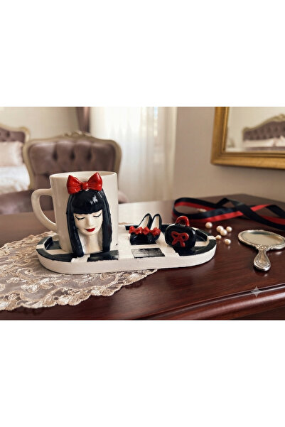Dekor köşesi Handmade Red Bowknot Girl Design Turkish Coffee Cup and Presenta...
