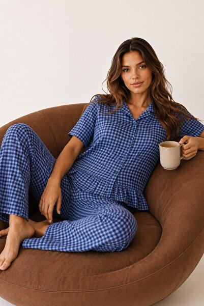 BELLA NOTTE Viskon Dokuma Lacivert Pötikare Pijama Takımı