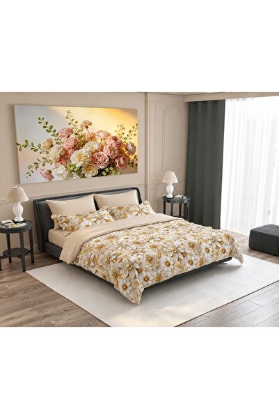 Kunzita Home مفرش فلور مزهر نفر ونص 6 قطع فاخر – لحاف 190×240 سم – لون ذهبي