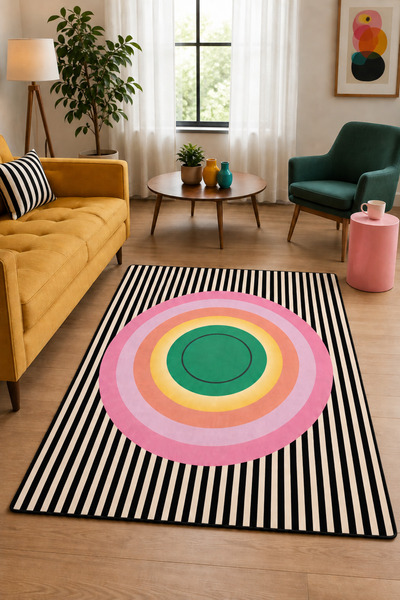 Aybek Home Modern Geometrik Çember Desenli Dijital Baskılı Kaymaz Taban Yıkan...