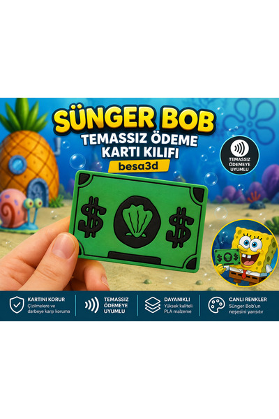 BESA3DProtoype Besa3D Sünger Bob Temalı Temassız Ödeme Kartı Kılıfı | 3D Bask...