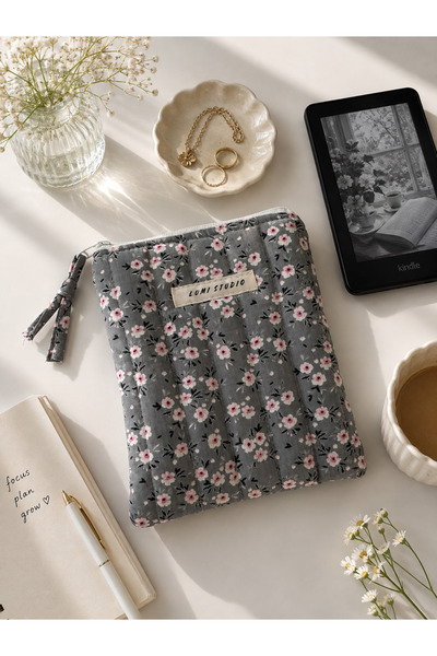 lumi Studio Gri Çiçekli Kindle Kılıfı -E-Kitap Okuyucu Çantası- Elyaf Dolgulu...