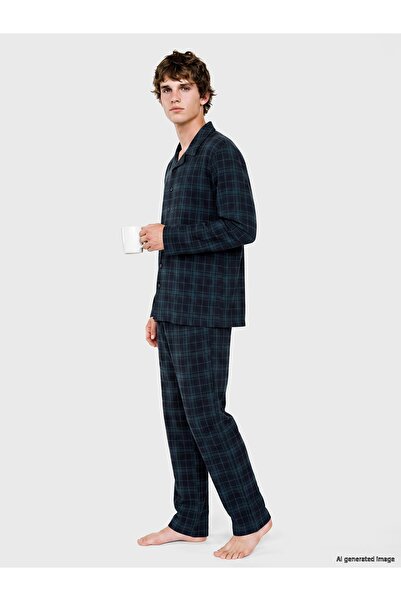 LC Waikiki Green Regular Fit Plaid Men's Pajama Set W62740B8