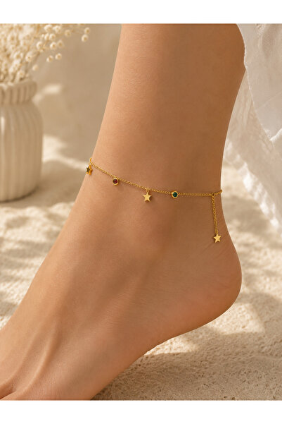 Bymiel Women's Gold Color Star Figured Stainless Steel Anklet with Colorful S...