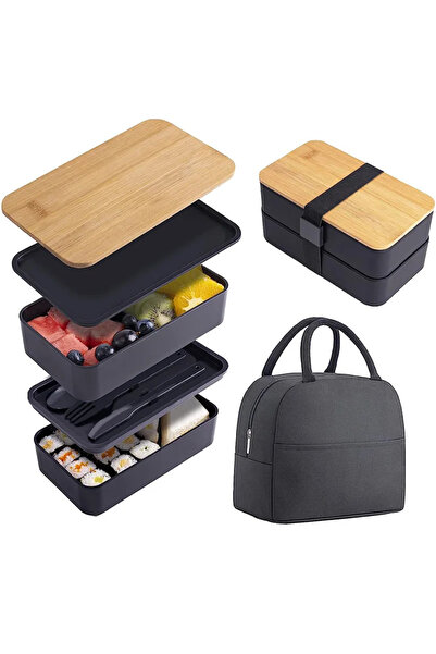 choice2 BLACK SET Adult Bento Lunch Box, 2-Tier Food Storage Container Set wi...