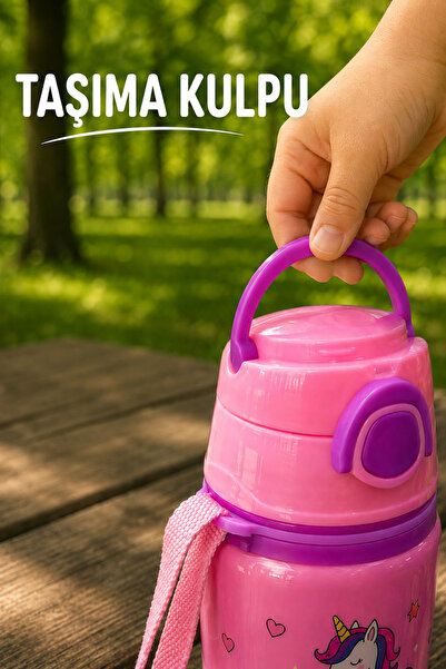 M&B WATER BOTTLE Metal Unicorn Motifli Pipetli Çocuk Matarası - 600 ML Kilitli Kapaklı Askılı Suluk