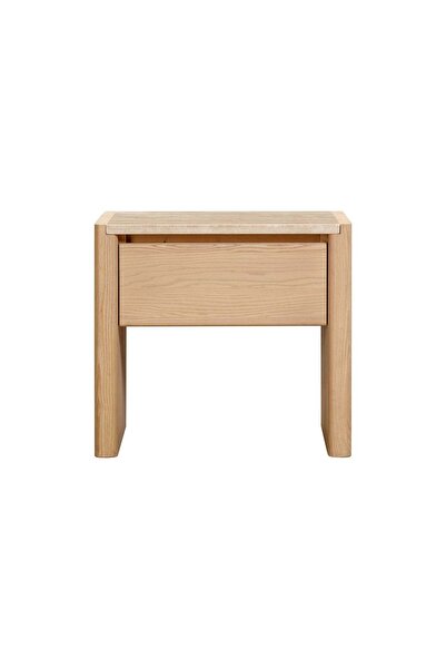 Roots Furniture طاولة جانبية للسرير من ترافولي، سطح من الترافرتين، خشب الدردا...