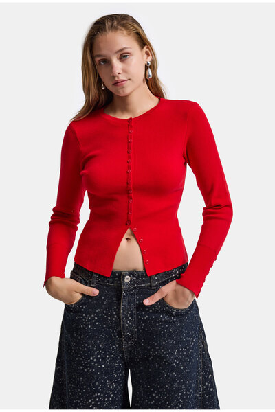 it's basic Дамска червена w6-19 плетена жилетка с колан, от еластична материя...