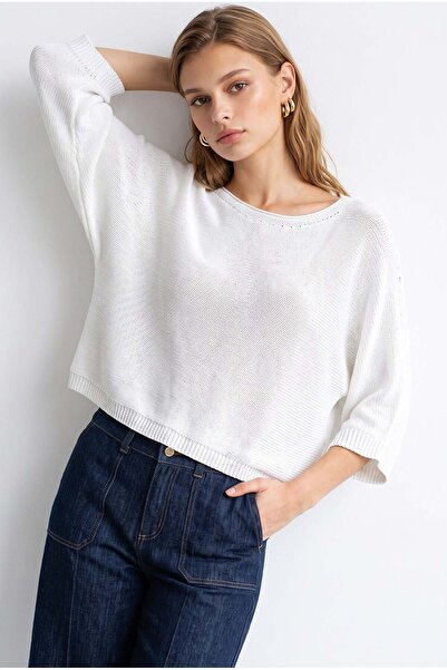 Mixray 7044 Women's Slim Boat Neck Bat Sleeve Knit Sweater White