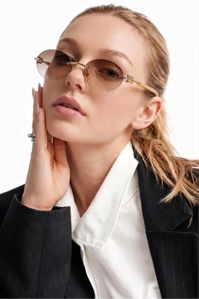 EKstore Women's oval gold metal frame brown gradient lens uv400 sunglasses