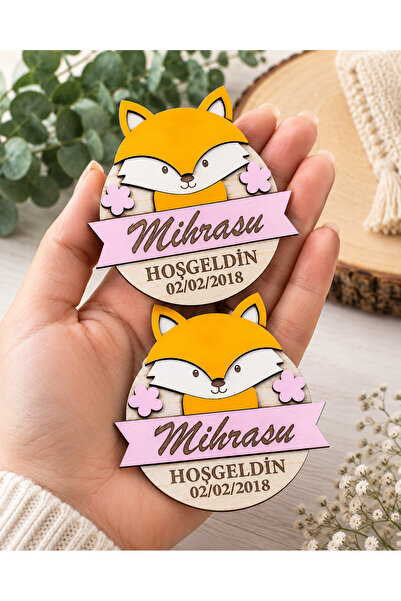 Kişiye Özel Ahşap Tilki Magnet - İsimli Hoş Geldin Magneti - Baby Shower 8 cm (10adet)