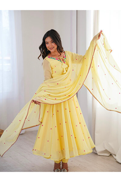 MYSMAR Yellow Embroidered Faux Georgette Anarkali Set - HRT9340 | Yellow-Size...
