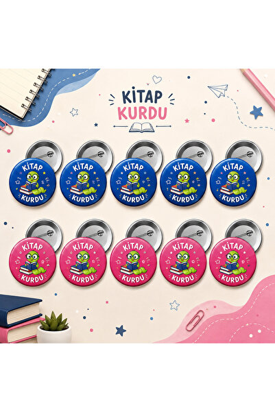 Eymi Design Kitap Kurdu 58 mm Buton Rozet 10 Adet - Öğrenci Başarı Rozeti - O...