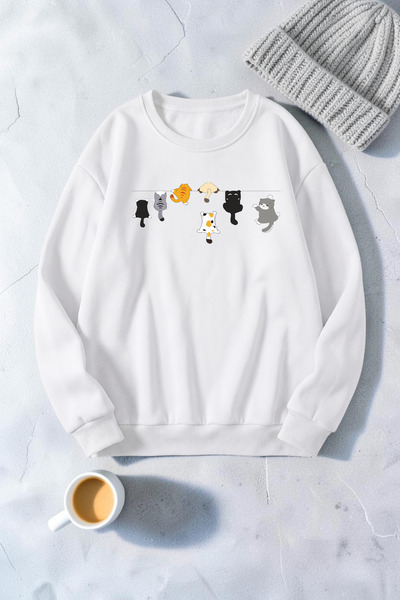 uyguntarz Unisex Little Naughty Cats Printed Crew Neck Sweatshirt