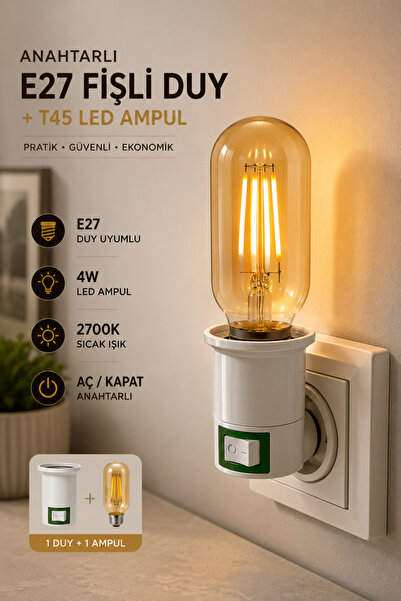 Edison Anahtarlı E27 Fişli Duy Gece Lambası T45 LED Ampul Seti 4W 2700K 280 L...
