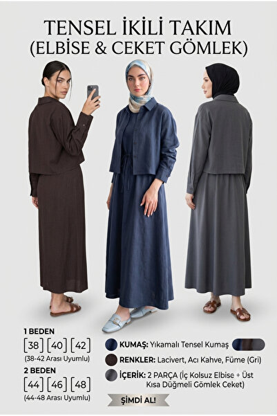 ELVA MODA Yıkamalı Tensel Kumaş İkili Elbise Takım – Kolsuz Elbise & Üst Gömlek