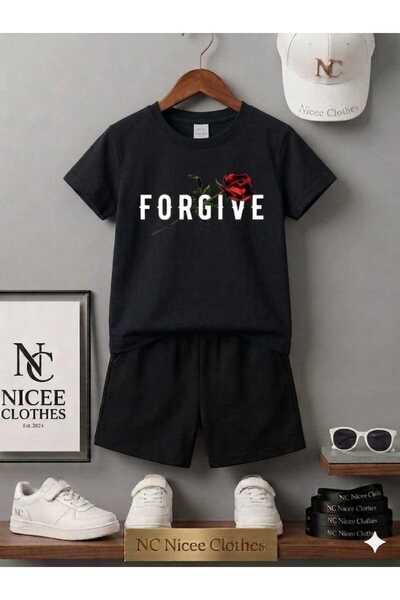 Leto Lykia تي شيرت صيفي للأطفال، شورت للجنسين، أبيض، مطبوع عليه FORGIVE