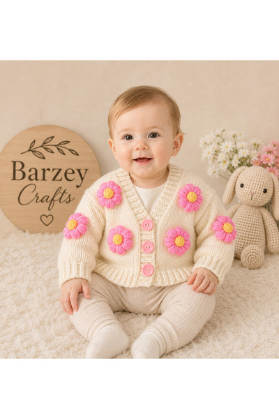 Barzey crafts كارديجان للفتيات الصغيرات مزين بزهور محبوكة يدويًا - لون إكرو، ...
