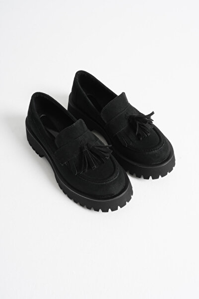 Kadın Siyah Süet 4cm Kalın Tabanlı Loafer Ayakkabı