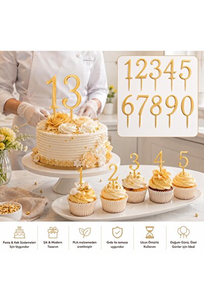 SELTA3D Gold Rakam Pasta Topper Seti 0-9 | 10’lu Doğum Günü Pasta Süsü | Yeni...