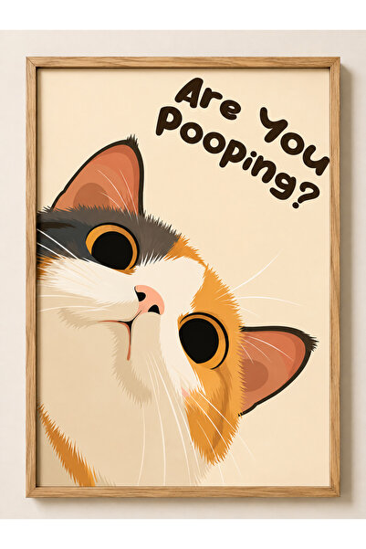 Viela Home Ahşap Çerçeveli Are You Pooping Kedi Poster – Eğlenceli Banyo Posteri