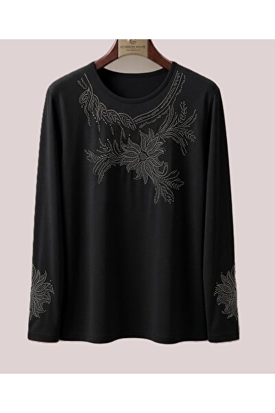 Gündoğan Women's Stone Embroidered Long Sleeve Luxury Combed Cotton Mother Bl...