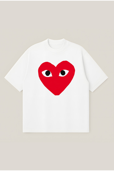 Moon Dancer Comme Des Garçons Red Heart Printed Oversize Boxy Cut Unisex Brea...