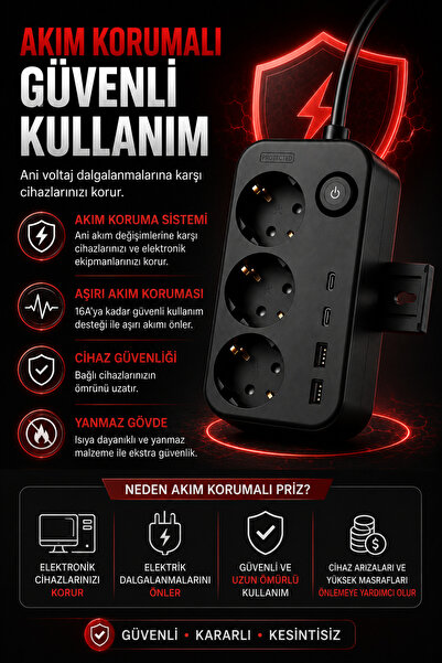 Merwish Akım Korumalı 3'lü Topraklı Priz 2 USB-A 2 Type-C 3680W 16A Anahtarlı Duvara Monte Edilebilir Çoçuk Korumalı