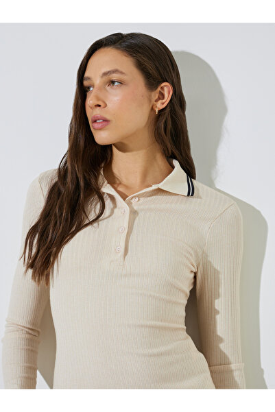 Styli Off-White Long Sleeve Ribbed Knit Polo Top