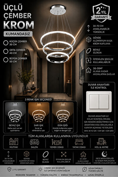 mubeda aydınlatma Üçlü Çember Krom LED Avize - 3 Renk Aydınlatma (KUMANDASIZ)