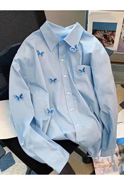 Take Two By Styli Blue Solid Butterfly Embroidered Long Sleeve Shirt
