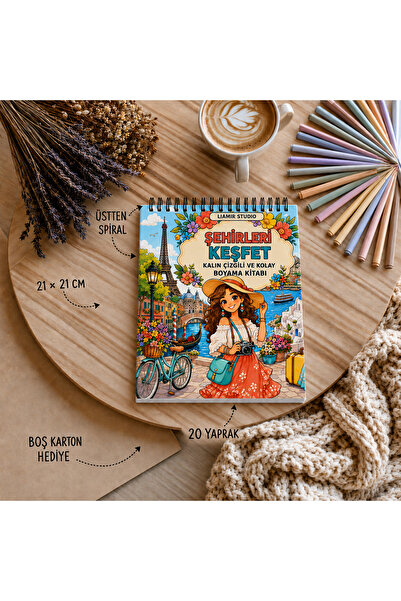 Boyama Kitabı / Şehirleri Keşfet Boyama / Çocuk ve Yetişkinler için / Cozy Girl – 21x21 cm / 20 Sayfa