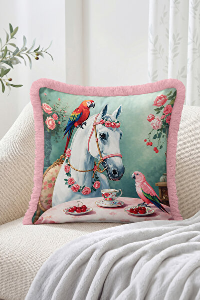 Realhomes White Horse, Parrot and Rose Patterned Fringed Throw Pillow Cover -...