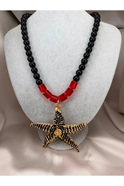 ZS Aksesuar Women's Black Beaded Large Starfish Figured Necklace with Red Acr...