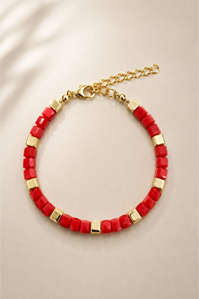 Alexis Carrel Marcel Gold Detailed Red Cube Bead Bracelet