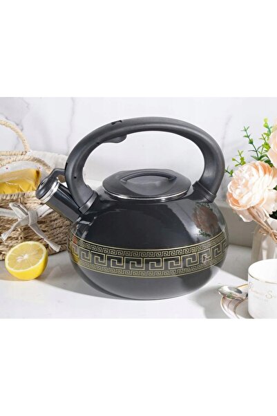 NO BRAND Fierbător retro cu fluier, emailat negru, 3L, pentru inducție și gaz...