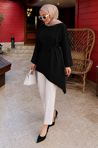 Tesettür Dünyası Tie-Waist Asymmetrical Cut Tunic Tsd260265 Black
