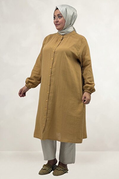 Eslina 68070 Plus Size High-Neck Buttoned Muslin Tunic - Beige