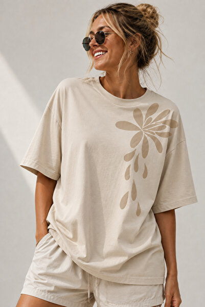 ArtYus Minimal Floral Printed Crew Neck Casual Unisex Oversize T-Shirt - Flor...