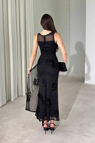 mielva Women's Black Glittery Floral Embroidered Transparent Detailed Maxi Tulle Dress with Belt on the Front